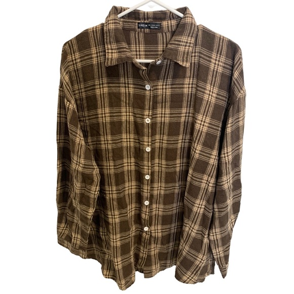 💛 Shein Brown & Tan Plaid Flannel Shirt - Size L (US 8/10) - Picture 1 of 6